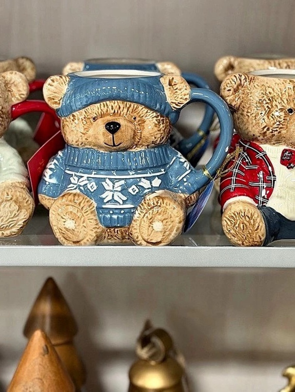 Bear-Shaped Mugs Set of 3 Brown & Blue